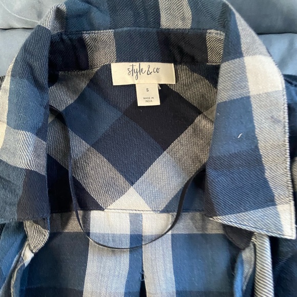 Style & Co Long Roll Tab Sleeve Ruffle Hem Carefree Plaid Blue Cardigan S NWT - Picture 3 of 4